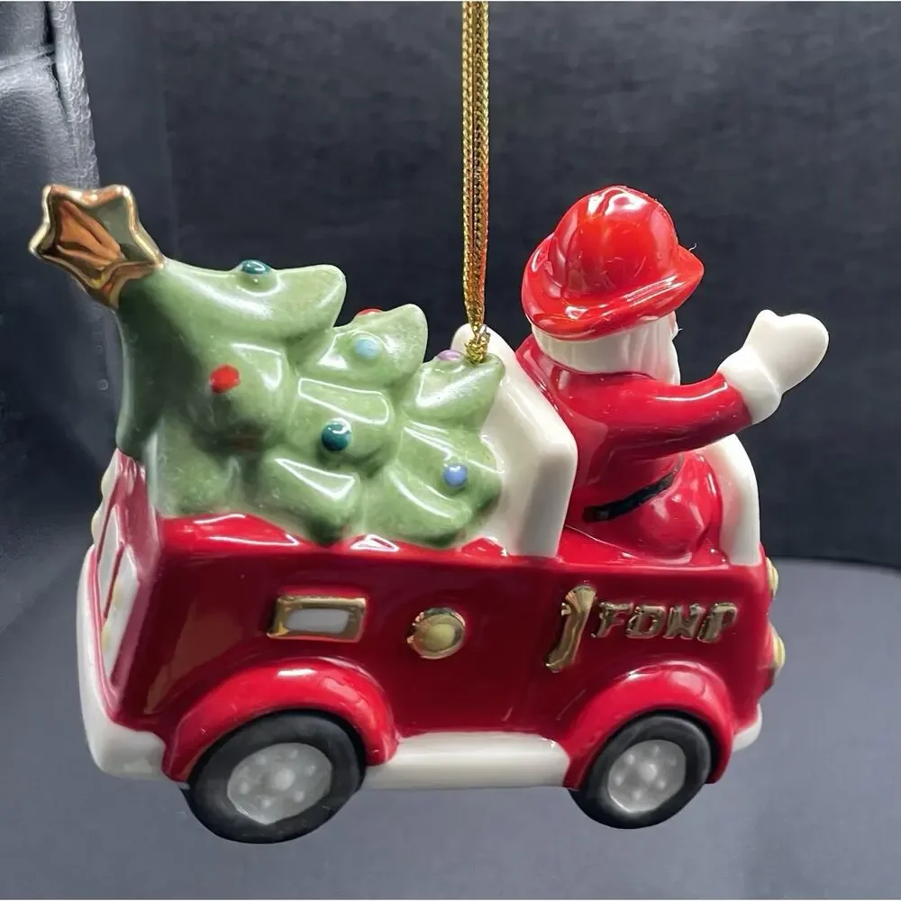 Lenox Santa in Fire Truck Christmas Ornament. Porcelain New Opened For Pics Only
